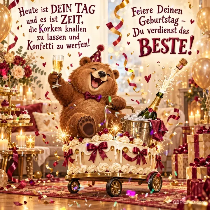 Ein Bär hebt ein Sektglas auf einem Tortenwagen, umgeben von Konfetti und Geschenken: "Du verdienst das BESTE!"