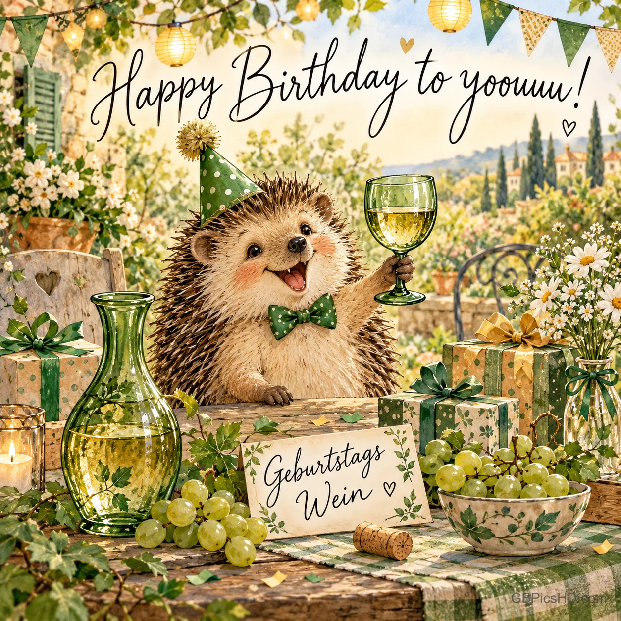 Ein Igel mit grünem Partyhut hebt ein Weinglas an einem Tisch mit Trauben und Geschenken; die Karte trägt "Geburtstagswein".