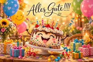 Eine lachende Geburtstagstorte mit Armen, bunten Kerzen und Beeren steht zwischen Geschenken und Ballons: "Alles Gute!!!!"