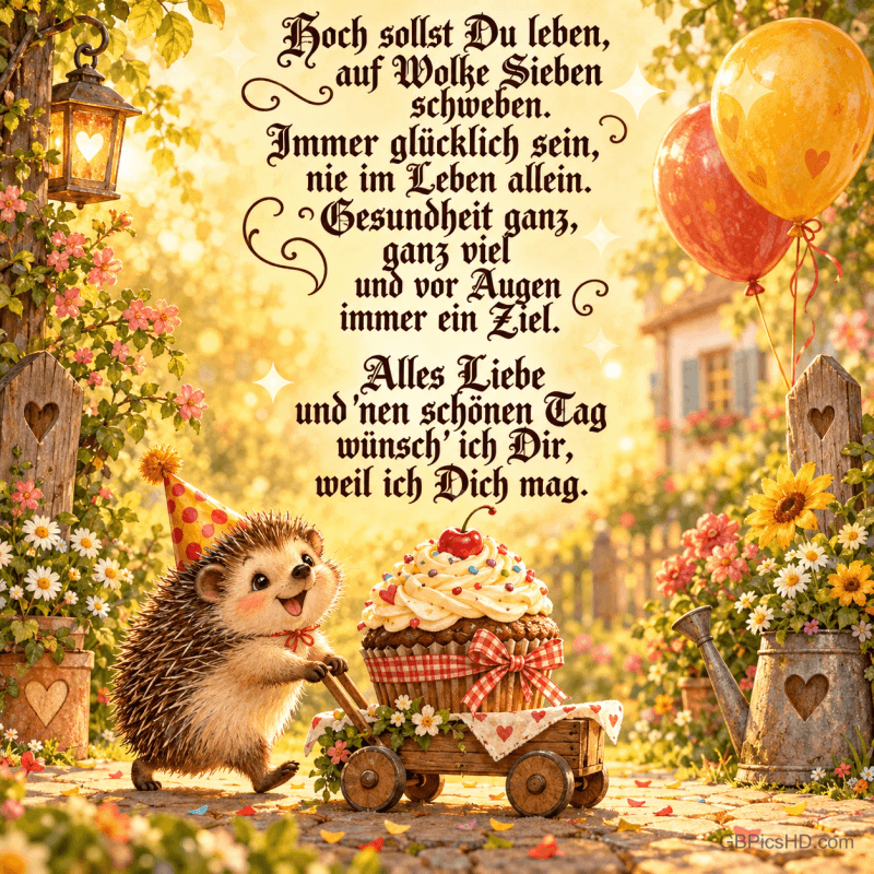 Ein Igel mit Partyhut schiebt einen Holzwagen mit großem Cupcake durch einen Blumengarten: "Hoch sollst Du leben". Ein Igel mit Partyhut schiebt einen Holzwagen mit großem Cupcake durch einen Blumengarten: "Hoch sollst Du leben".