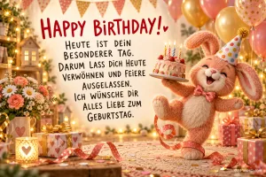 Ein fröhlicher Hase mit Partyhut balanciert eine Geburtstagstorte zwischen Geschenken und Ballons: "Alles Liebe zum Geburtstag".