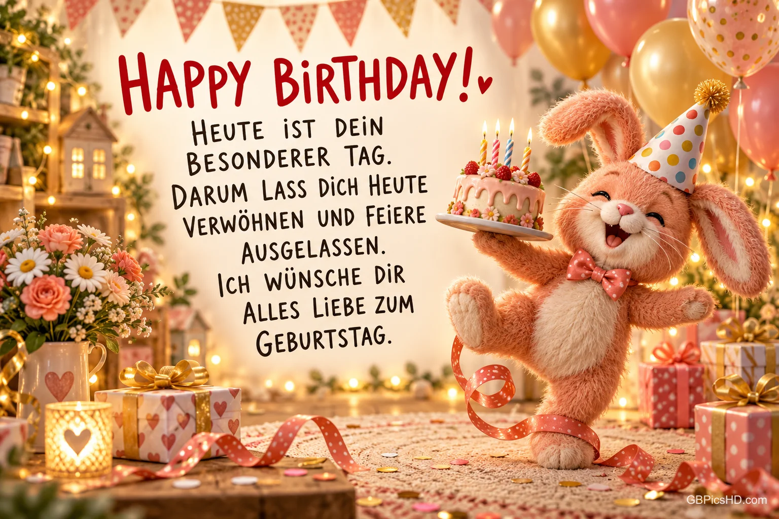 Ein fröhlicher Hase mit Partyhut balanciert eine Geburtstagstorte zwischen Geschenken und Ballons: "Alles Liebe zum Geburtstag". Ein fröhlicher Hase mit Partyhut balanciert eine Geburtstagstorte zwischen Geschenken und Ballons: "Alles Liebe zum Geburtstag".