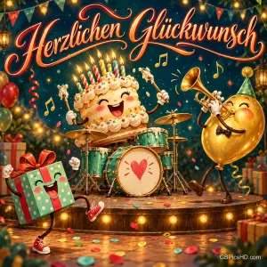 Eine fröhliche Torte spielt Schlagzeug, ein goldener Ballon Trompete; dazu steht "Herzlichen Glückwunsch".