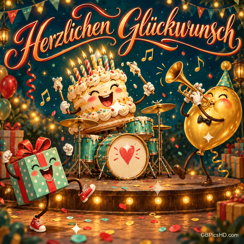 Eine fröhliche Torte spielt Schlagzeug, ein goldener Ballon Trompete; dazu steht "Herzlichen Glückwunsch".