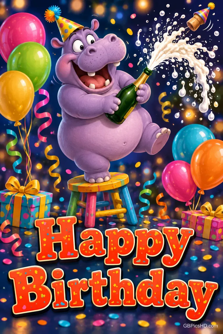 Ein lila Nilpferd auf einem Hocker öffnet zwischen bunten Ballons eine überschäumende Flasche: "Happy Birthday".