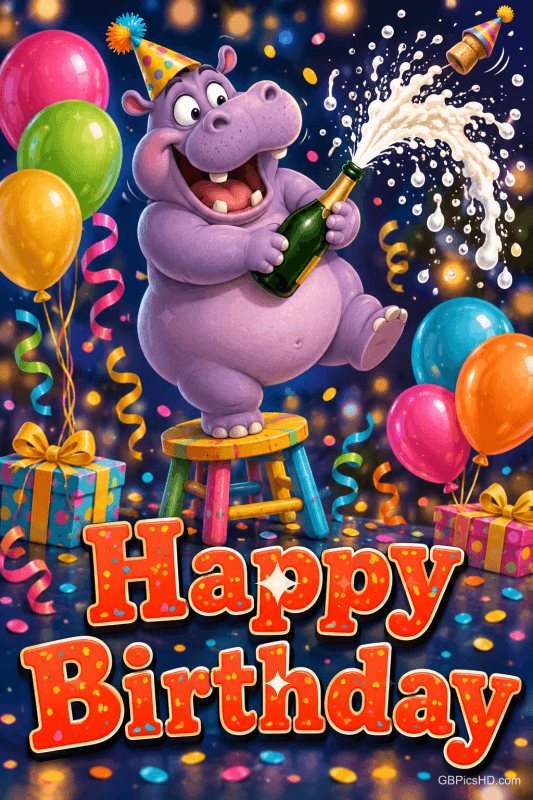 Ein lila Nilpferd auf einem Hocker öffnet zwischen bunten Ballons eine überschäumende Flasche: "Happy Birthday".