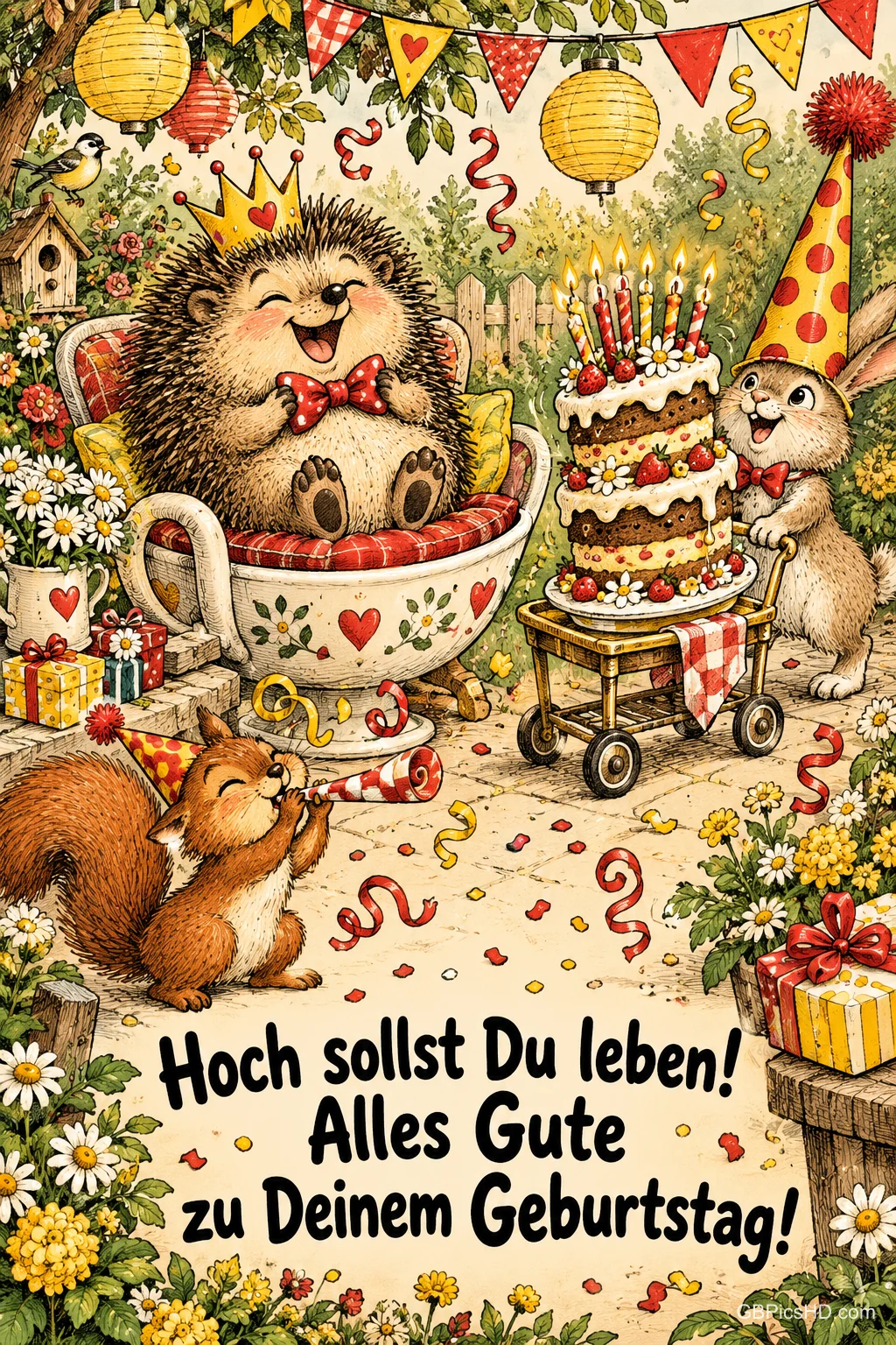 Ein gekrönter Igel sitzt im Garten in einer Tasse, ein Hase bringt die Torte: "Hoch sollst Du leben! Alles Gute zu Deinem Geburtstag!".