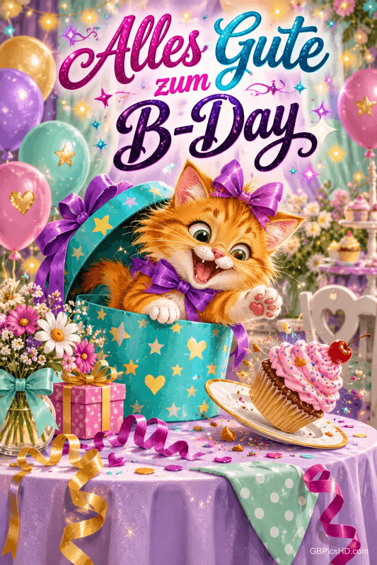 Ein orangefarbenes Kätzchen mit lila Schleifen schaut aus einer Geschenkbox neben einem Cupcake: "Alles Gute zum B-Day".