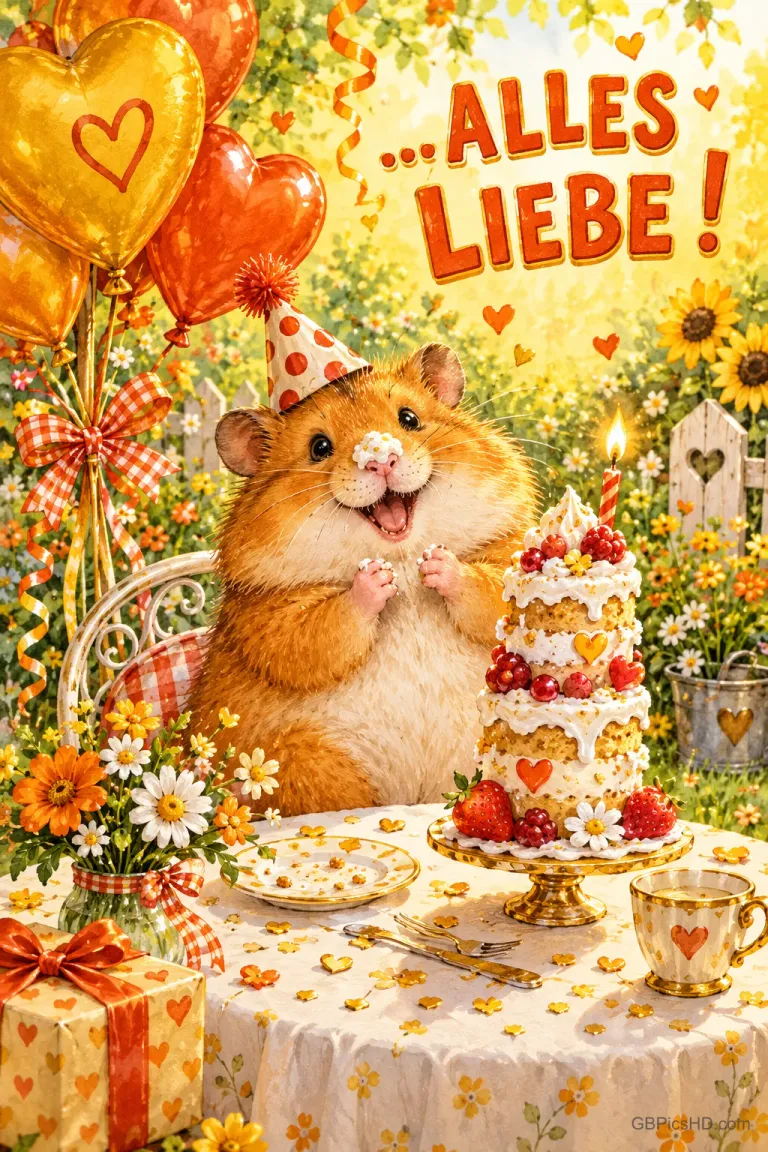 Ein Hamster mit Partyhut sitzt neben einer Beerentorte, Herzballons und Blumen unter dem Gruß "... Alles Liebe!".