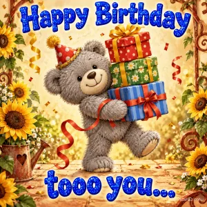 Ein grauer Teddybär sitzt vor Geschenken im Rahmen mit Sonnenblumen zwischen den Worten "Happy Birthday tooo you...".