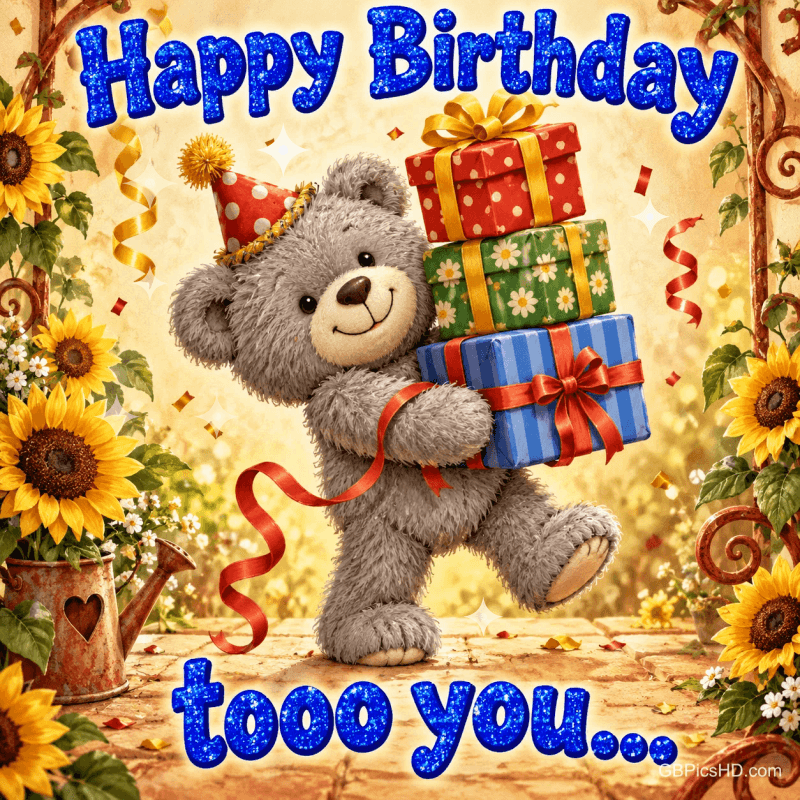 Ein grauer Teddybär sitzt vor Geschenken im Rahmen mit Sonnenblumen zwischen den Worten "Happy Birthday tooo you...".
