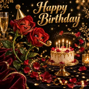 Zwei rote Rosen mit Gesichtern feiern neben einer Kerzentorte vor schwarzem Hintergrund mit dem goldenen Gruß "Happy Birthday".