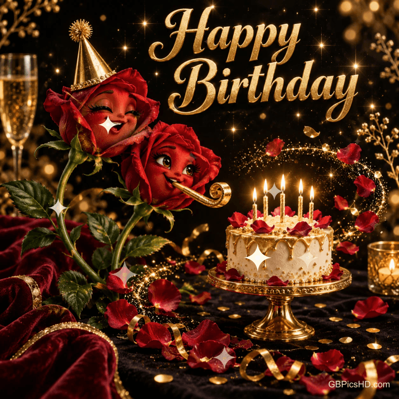Zwei rote Rosen mit Gesichtern feiern neben einer Kerzentorte vor schwarzem Hintergrund mit dem goldenen Gruß "Happy Birthday".