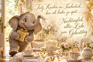 Elefant mit Geschenk: "Trotz Knoten im Taschentuch ... bin ich leider zu spät ... Nachträglich alles Liebe zum Geburtstag!".