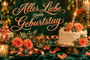 Eine Rosentorte mit brennender Kerze, Rosen und einem Geschenk trägt den Gruß "Alles Liebe zum Geburtstag".