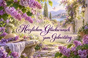 Lila Flieder, grüne Blätter und kleine Schmetterlinge schmücken den Gruß "Herzlichen Glückwunsch zum Geburtstag".