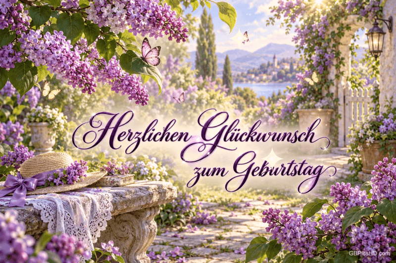 Lila Flieder, grüne Blätter und kleine Schmetterlinge schmücken den Gruß "Herzlichen Glückwunsch zum Geburtstag".