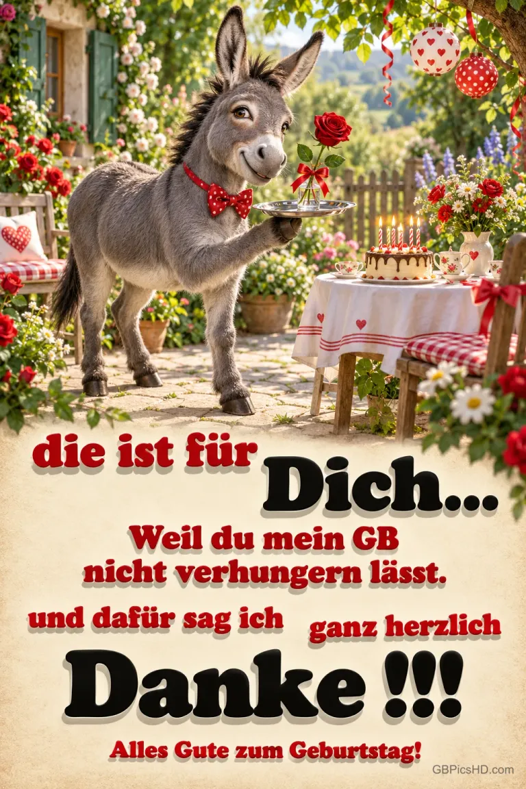 Ein grauer Esel hält eine Rose: "Die ist für Dich... Weil du mein GB nicht verhungern lässt. Und dafür sag ich ganz herzlich Danke!!!".