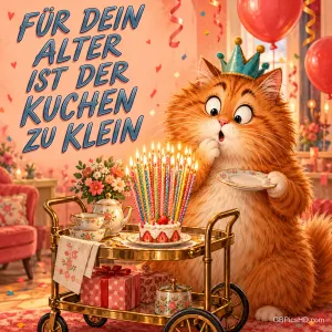 Eine Katze mit Krone staunt über einen kleinen Kuchen voller Kerzen: "Für dein Alter ist der Kuchen zu klein".
