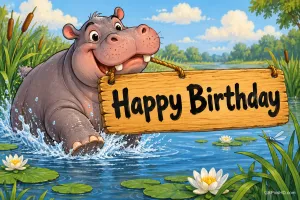 Ein graues Nilpferd hält im Maul ein Holzschild mit "Happy Birthday!" und steht im Wasser zwischen Gräsern.