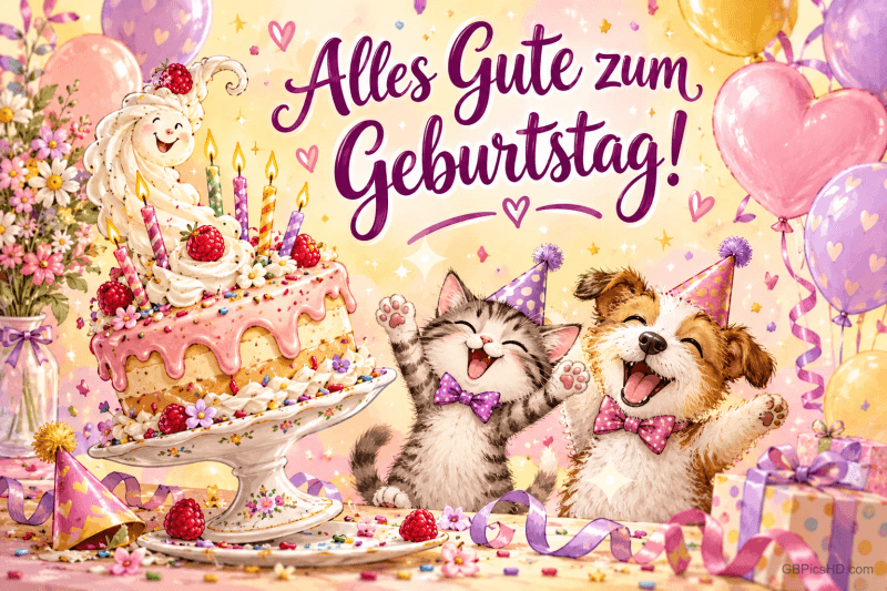 Eine Katze und ein Hund mit Partyhüten feiern neben einer rosa Torte und Ballons: "Alles Gute zum Geburtstag!".