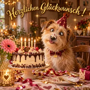 Ein zotteliger Hund mit Partyhut und Sahne auf der Nase sitzt neben einer Geburtstagstorte: "Herzlichen Glückwunsch!".