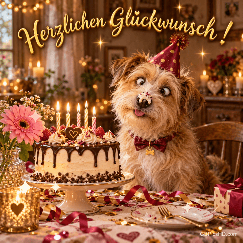 Ein zotteliger Hund mit Partyhut und Sahne auf der Nase sitzt neben einer Geburtstagstorte: "Herzlichen Glückwunsch!".