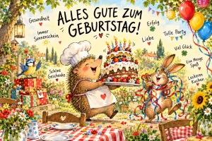 Ein Igel mit Kochmütze trägt eine Geburtstagstorte neben einem Hasen mit Luftschlangen; darüber steht "Alles Gute zum Geburtstag!".