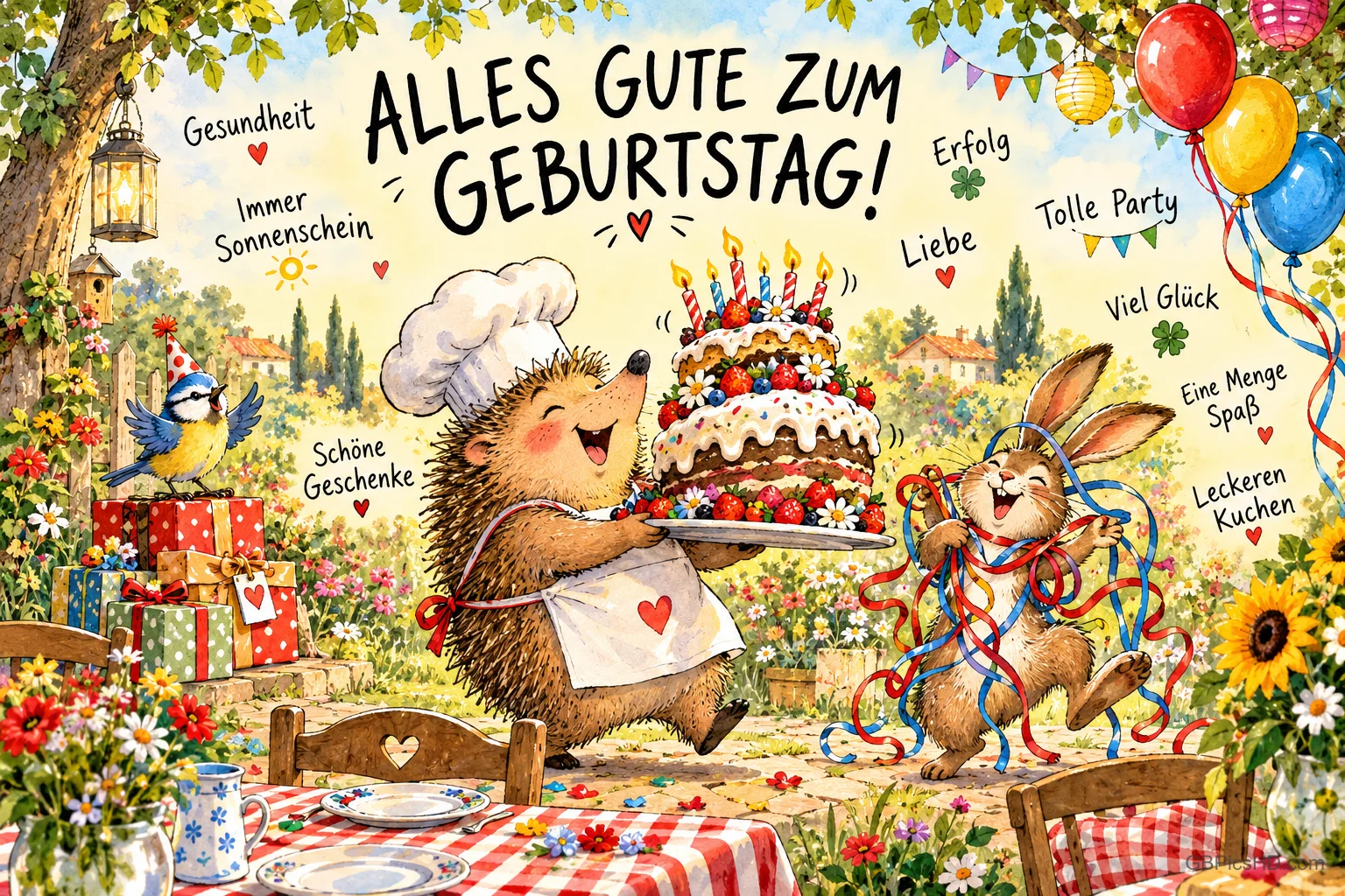 Ein Igel mit Kochmütze trägt eine Geburtstagstorte neben einem Hasen mit Luftschlangen; darüber steht "Alles Gute zum Geburtstag!". Ein Igel mit Kochmütze trägt eine Geburtstagstorte neben einem Hasen mit Luftschlangen; darüber steht "Alles Gute zum Geburtstag!".