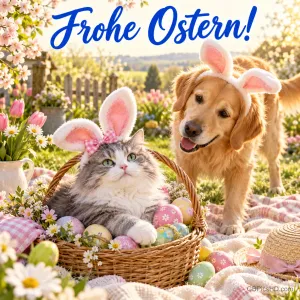 Golden Retriever und graue Katze mit Hasenohren bei einem Picknick mit Osterkorb im Frühlingsgarten und dem Gruß "Frohe Ostern!".