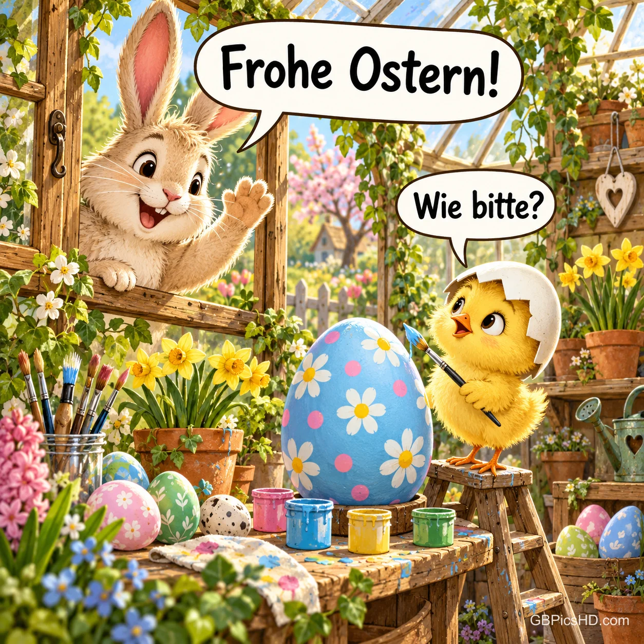 Ein Hase ruft am Gewächshausfenster "Frohe Ostern!", während ein Küken mit Pinsel und Eierschale "Wie bitte?" fragt. Ein Hase ruft am Gewächshausfenster "Frohe Ostern!", während ein Küken mit Pinsel und Eierschale "Wie bitte?" fragt.