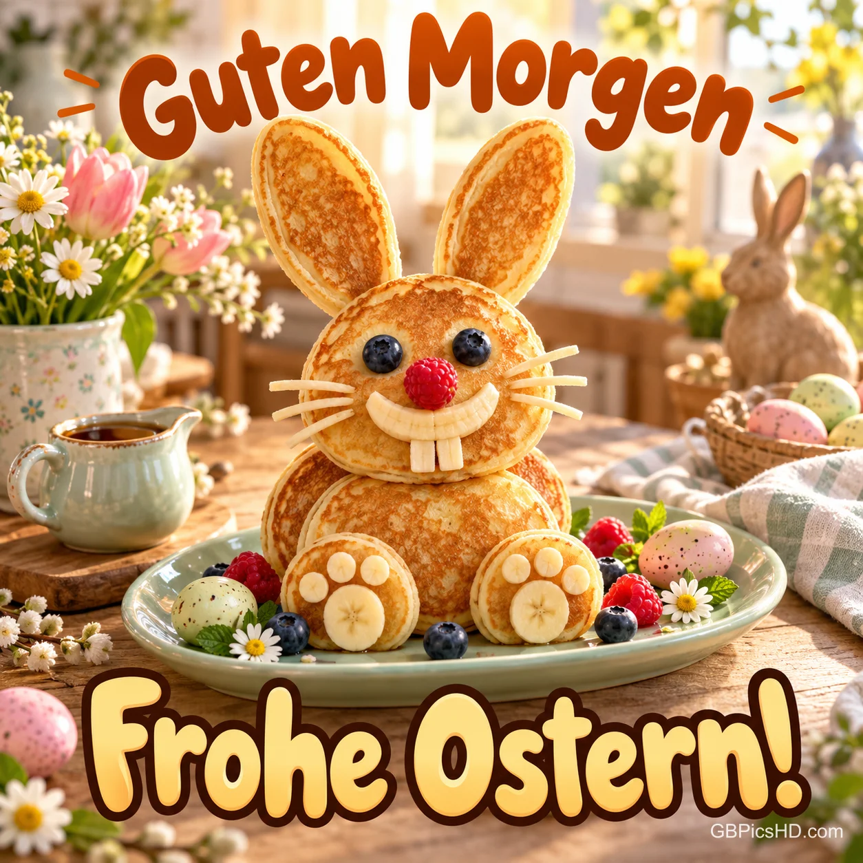 Pfannkuchen in Hasenform mit Beerengesicht und Bananenpfoten auf einem gedeckten Frühstückstisch mit den Grüßen "Guten Morgen" und "Frohe Ostern!". Pfannkuchen in Hasenform mit Beerengesicht und Bananenpfoten auf einem gedeckten Frühstückstisch mit den Grüßen "Guten Morgen" und "Frohe Ostern!".