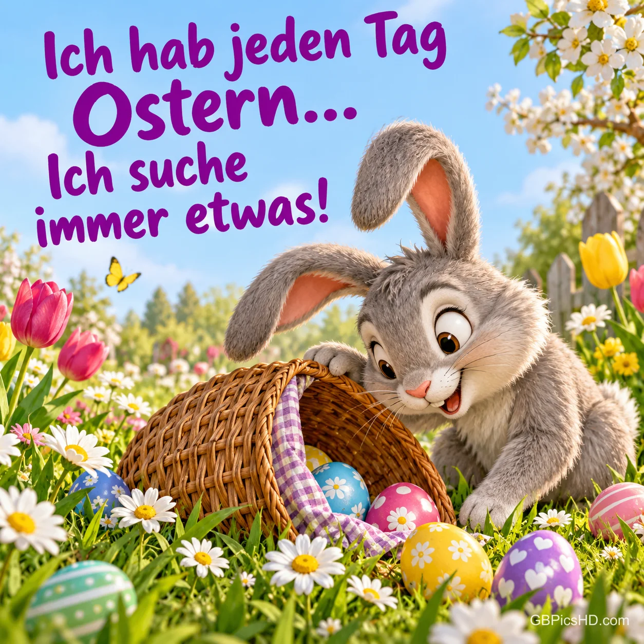 Gezeichneter Hase schaut neugierig in einen umgekippten Korb mit Ostereiern auf einer Blumenwiese, dazu der Spruch "Ich hab jeden Tag Ostern... Ich suche immer etwas!". Gezeichneter Hase schaut neugierig in einen umgekippten Korb mit Ostereiern auf einer Blumenwiese, dazu der Spruch "Ich hab jeden Tag Ostern... Ich suche immer etwas!".
