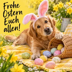 Golden Retriever mit Hasenohren liegt auf einer gelben Decke neben einem Korb voller Ostereier, dazu der Gruß "Frohe Ostern Euch allen!".