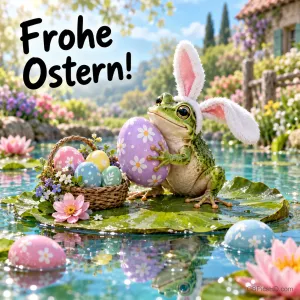 Frosch mit Hasenohren hält ein bemaltes Osterei auf einem Seerosenblatt im Teich, daneben ein Eierkorb und der Gruß "Frohe Ostern!".