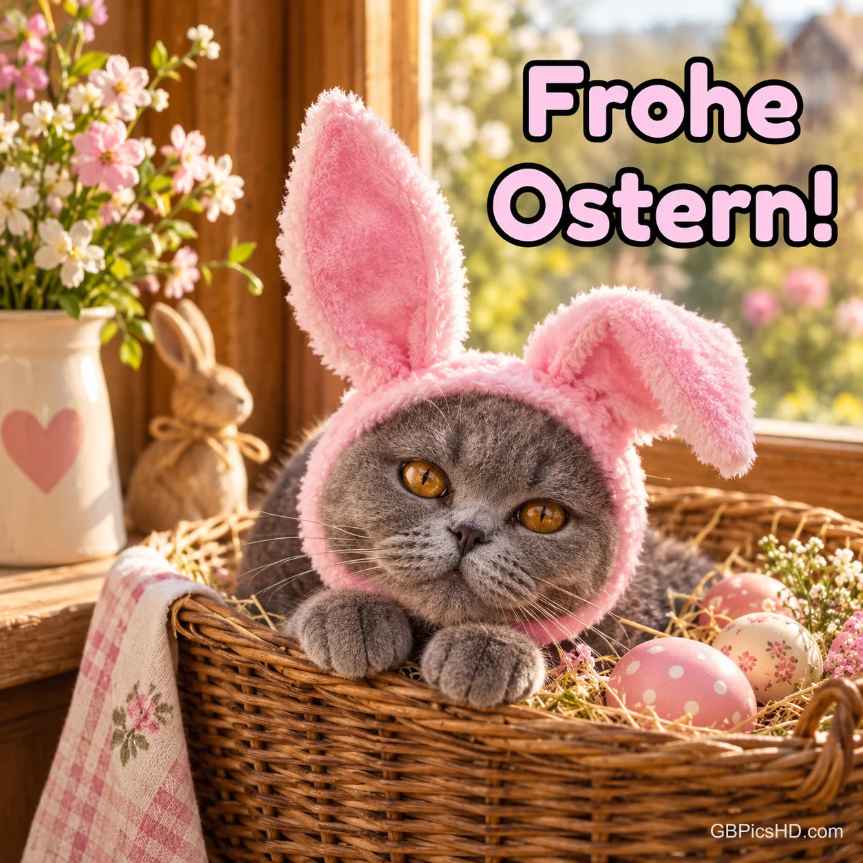 Graue Katze mit rosa Hasenohrenmütze liegt in einem Weidenkorb mit Ostereiern am Fenster und dem Gruß "Frohe Ostern!". Graue Katze mit rosa Hasenohrenmütze liegt in einem Weidenkorb mit Ostereiern am Fenster und dem Gruß "Frohe Ostern!".