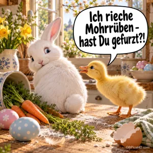 Ein Entenküken fragt einen weißen Hasen neben Möhren und Ostereiern: "Ich rieche Mohrrüben - hast Du gefurzt?!".