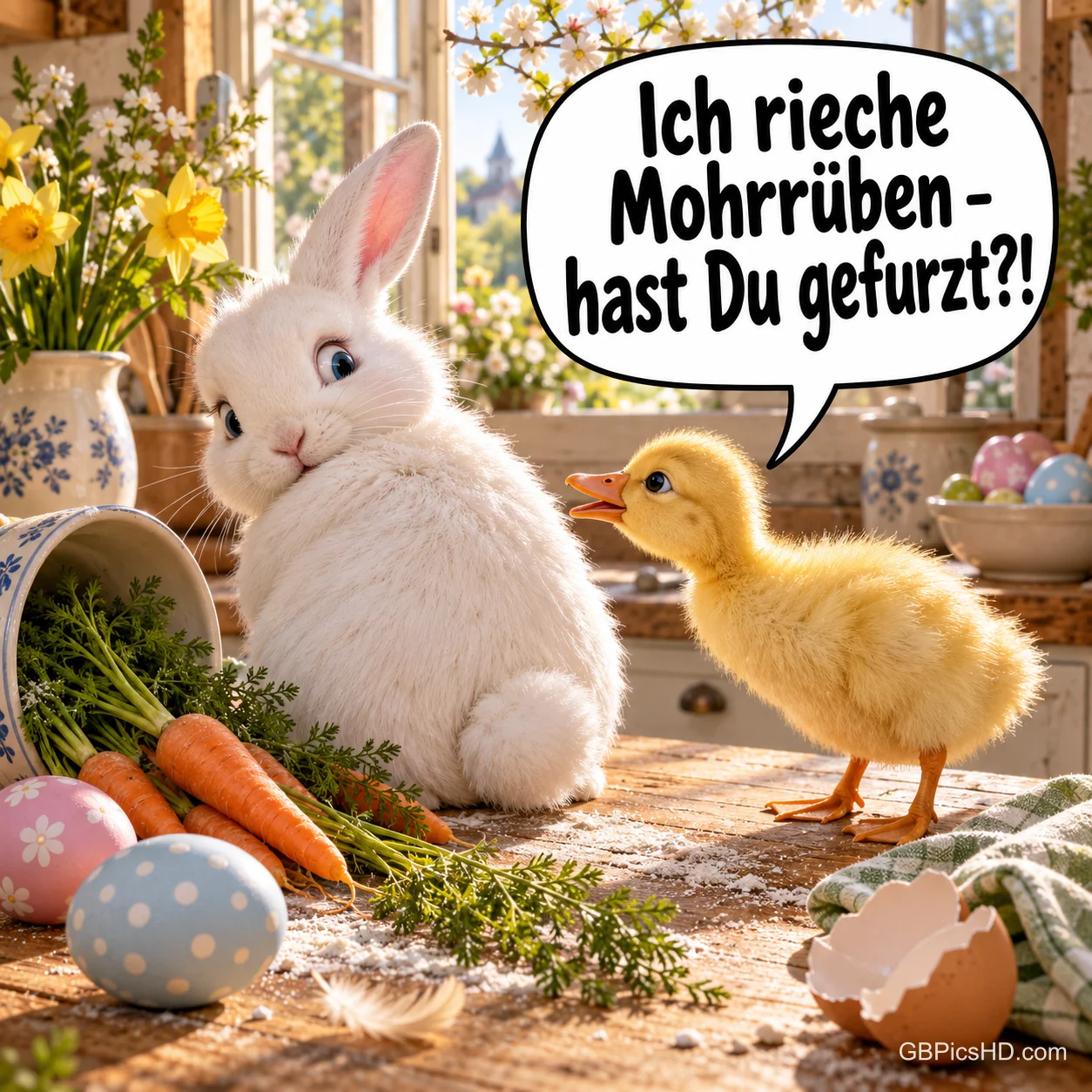 Ein Entenküken fragt einen weißen Hasen neben Möhren und Ostereiern: "Ich rieche Mohrrüben - hast Du gefurzt?!". Ein Entenküken fragt einen weißen Hasen neben Möhren und Ostereiern: "Ich rieche Mohrrüben - hast Du gefurzt?!".
