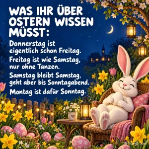 Zufriedener Osterhase entspannt nachts im Korbsessel zwischen Laternen, Narzissen und Ostereiern, dazu der Spruch "Was ihr über Ostern wissen müsst: Donnerstag ist eigentlich schon Freitag …".