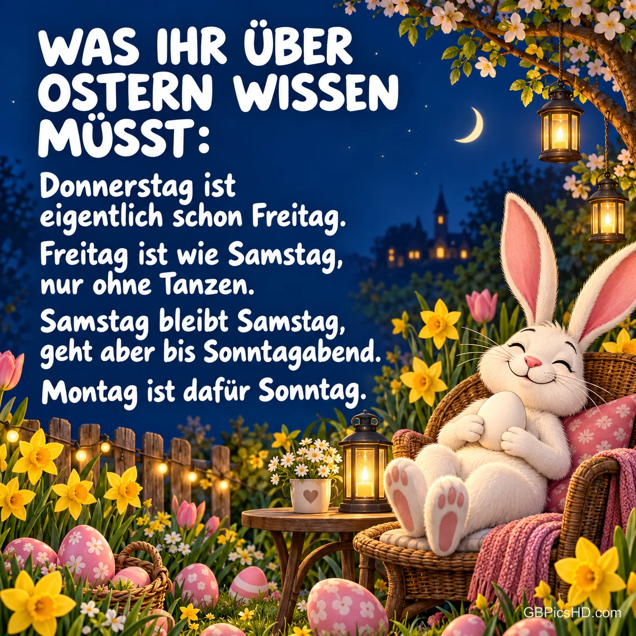 Zufriedener Osterhase entspannt nachts im Korbsessel zwischen Laternen, Narzissen und Ostereiern, dazu der Spruch "Was ihr über Ostern wissen müsst: Donnerstag ist eigentlich schon Freitag …". Zufriedener Osterhase entspannt nachts im Korbsessel zwischen Laternen, Narzissen und Ostereiern, dazu der Spruch "Was ihr über Ostern wissen müsst: Donnerstag ist eigentlich schon Freitag …".
