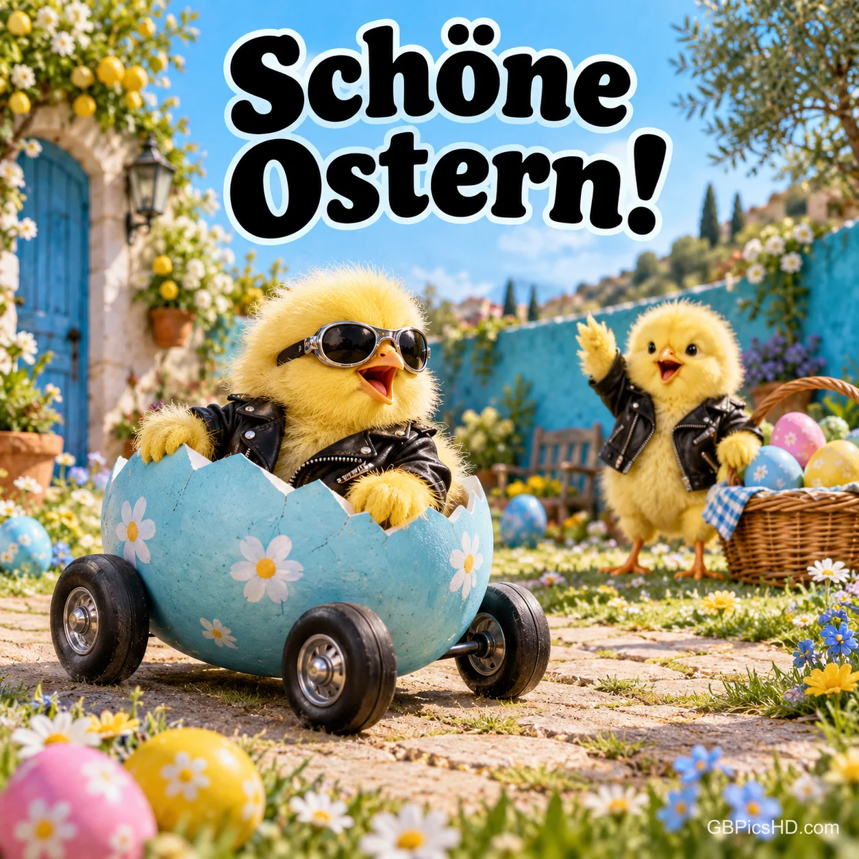 Coole Küken in Lederjacken und mit Sonnenbrille fahren in einem Eierschalen-Auto durch einen Frühlingsgarten, darüber der Gruß "Schöne Ostern!". Coole Küken in Lederjacken und mit Sonnenbrille fahren in einem Eierschalen-Auto durch einen Frühlingsgarten, darüber der Gruß "Schöne Ostern!".