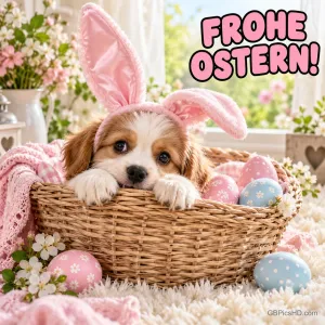 Welpe mit rosa Hasenohren liegt in einem Weidenkorb mit Ostereiern auf einer flauschigen Decke, dazu der Schriftzug "FROHE OSTERN!".