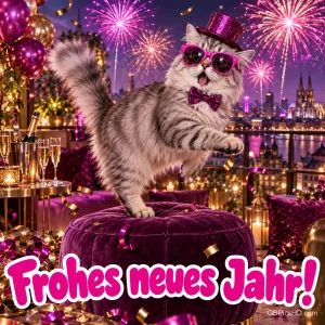 Eine getigerte Katze mit pinker Sonnenbrille, Zylinder und Fliege tanzt auf einem Samthocker vor Feuerwerk über der Stadt, dazu pinker Schriftzug "Frohes neues Jahr!"