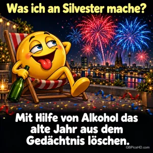 Ein beschwipster gelber Smiley liegt mit Sektflasche im Liegestuhl auf einem Balkon vor Feuerwerk, dazu der Spruch über das Vergessen des alten Jahres