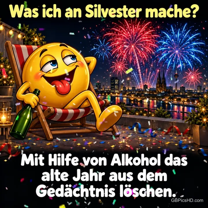 Ein beschwipster gelber Smiley liegt mit Sektflasche im Liegestuhl auf einem Balkon vor Feuerwerk, dazu der Spruch über das Vergessen des alten Jahres Ein beschwipster gelber Smiley liegt mit Sektflasche im Liegestuhl auf einem Balkon vor Feuerwerk, dazu der Spruch über das Vergessen des alten Jahres