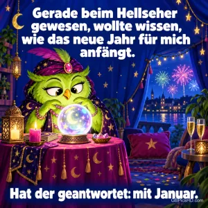 Eine grüne Cartoon-Eule mit Turban blickt in eine leuchtende Kristallkugel, im Hintergrund Feuerwerk, dazu der Witz über den Hellseher und den Januar