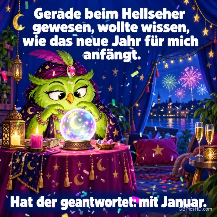 Eine grüne Cartoon-Eule mit Turban blickt in eine leuchtende Kristallkugel, im Hintergrund Feuerwerk, dazu der Witz über den Hellseher und den Januar Eine grüne Cartoon-Eule mit Turban blickt in eine leuchtende Kristallkugel, im Hintergrund Feuerwerk, dazu der Witz über den Hellseher und den Januar