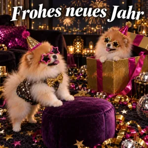 Zwei flauschige Zwergspitze mit Partyhüten und Sternbrillen, einer davon in einer Geschenkbox, zwischen Luftschlangen und Lichtern, darüber "Frohes neues Jahr"