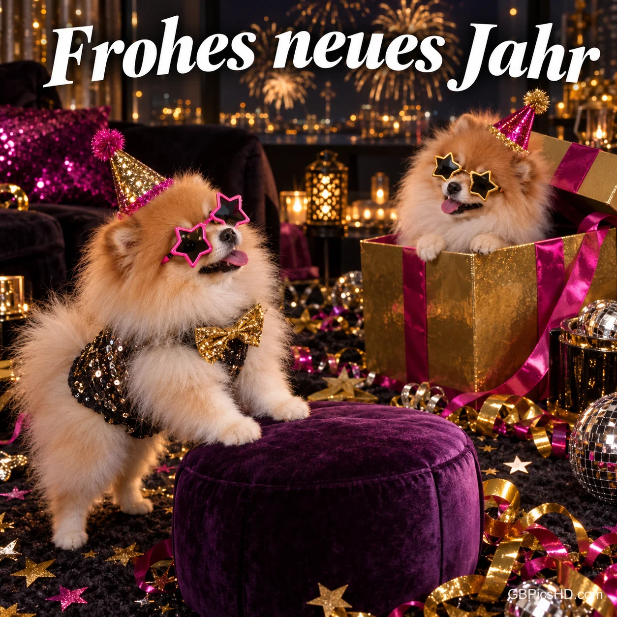 Zwei flauschige Zwergspitze mit Partyhüten und Sternbrillen, einer davon in einer Geschenkbox, zwischen Luftschlangen und Lichtern, darüber "Frohes neues Jahr" Zwei flauschige Zwergspitze mit Partyhüten und Sternbrillen, einer davon in einer Geschenkbox, zwischen Luftschlangen und Lichtern, darüber "Frohes neues Jahr"