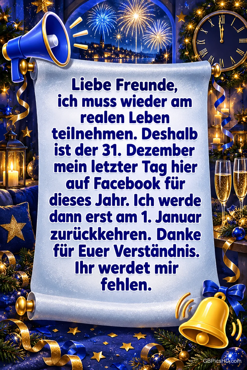 Eine Pergamentrolle mit humorvoller Facebook-Pause bis zum 1. Januar, umrahmt von Megafon, Glocke, Uhr kurz vor Mitternacht, Sektgläsern und Feuerwerk Eine Pergamentrolle mit humorvoller Facebook-Pause bis zum 1. Januar, umrahmt von Megafon, Glocke, Uhr kurz vor Mitternacht, Sektgläsern und Feuerwerk